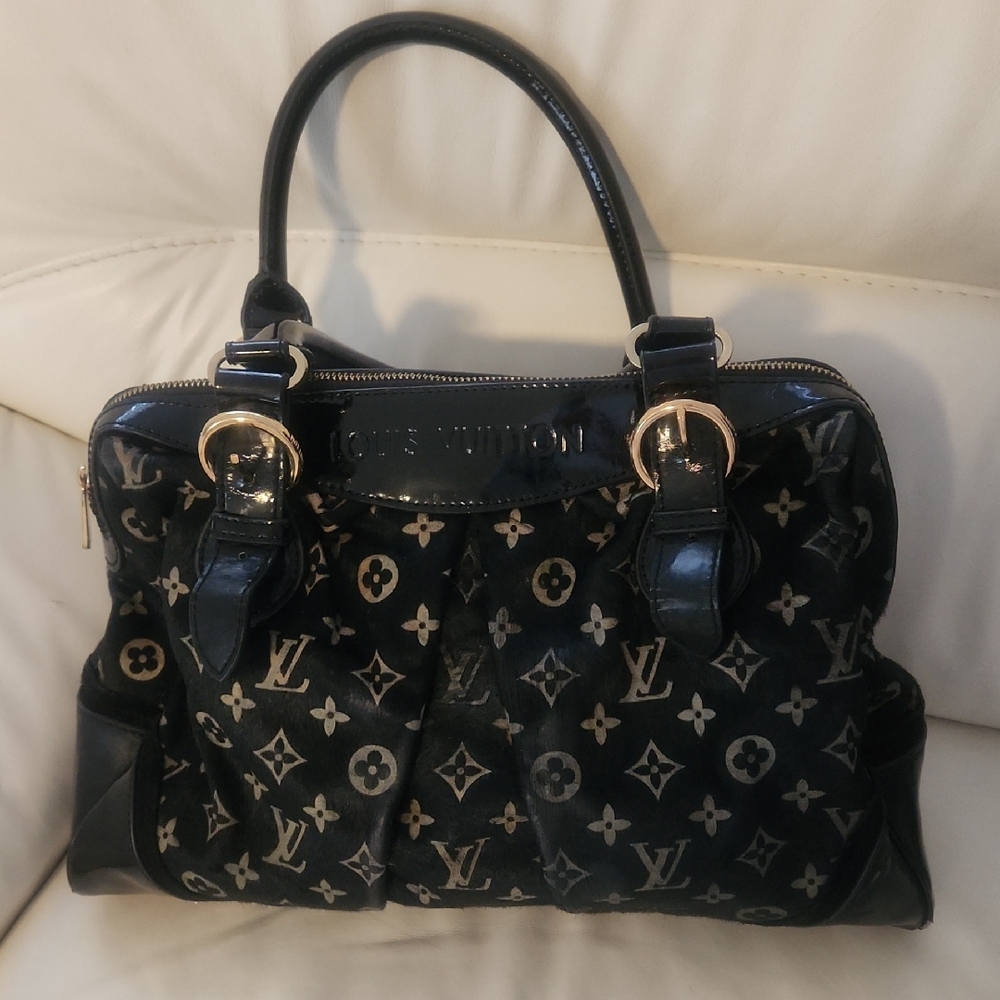 Black Monogram Patent Shoulder Bag with Gold Hardware